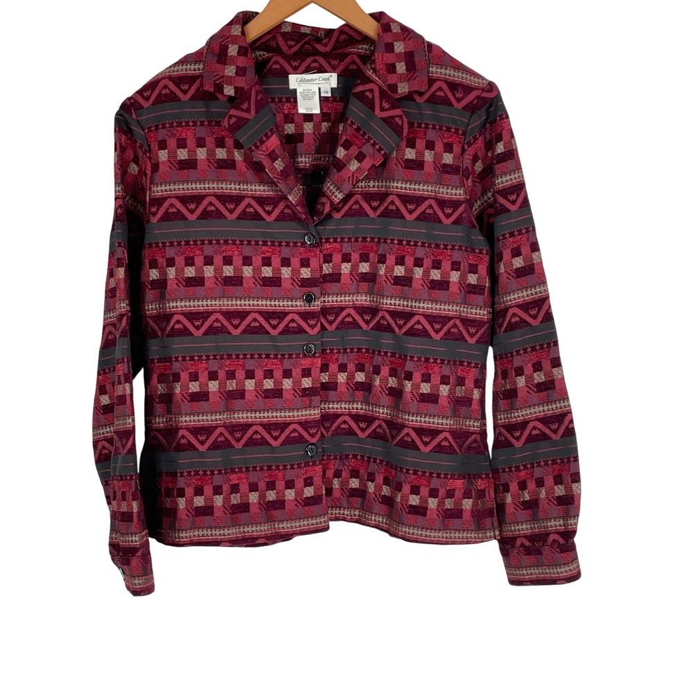 Coldwater Creek Women Shirt 14 Button Up‎ Red Multicolor Tapestry Jacket Blazer
